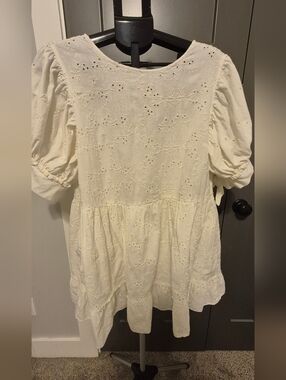 Aritzia Sunday Best Soft White Eyelet Puff Sleeve Babydoll Dress - Cottagecore -